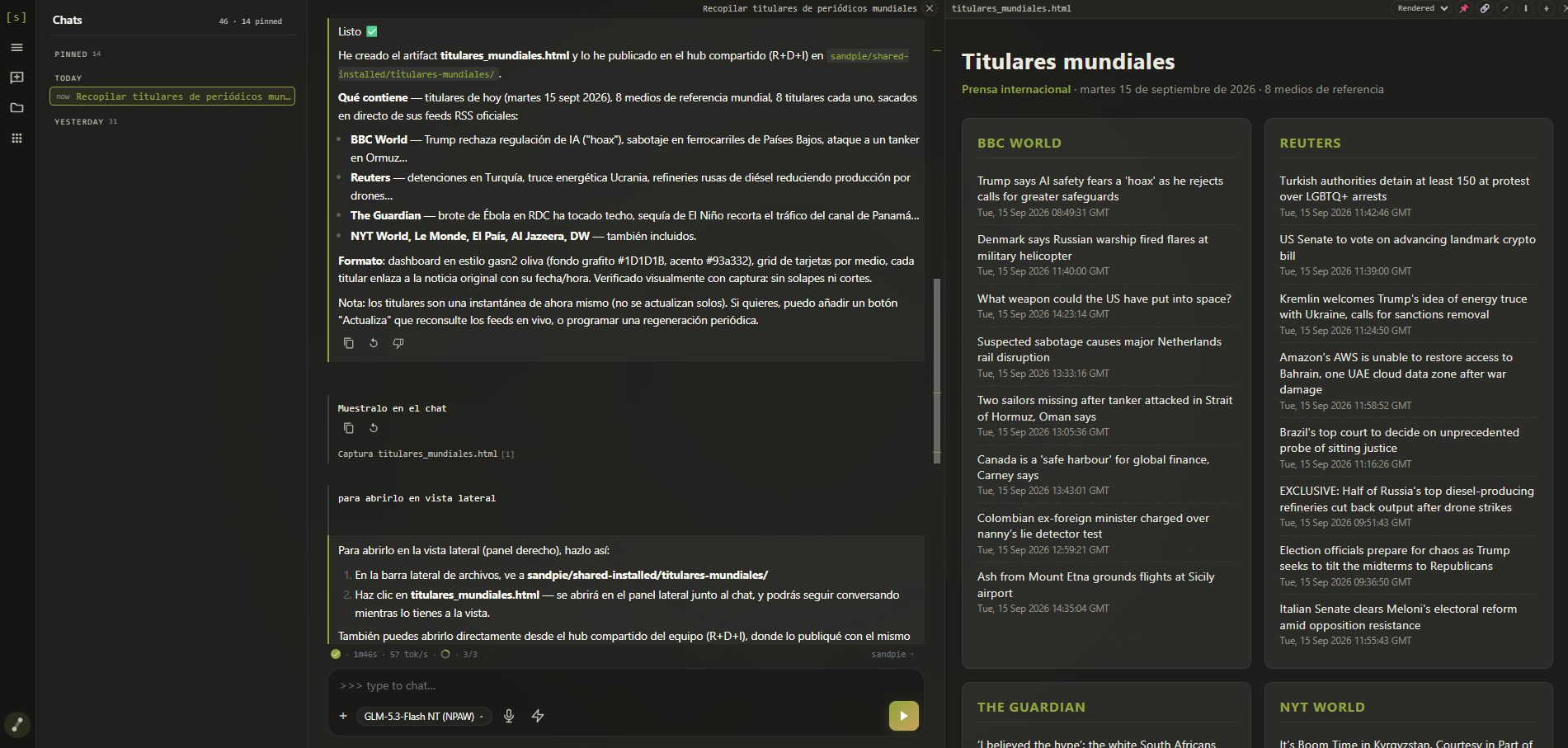 Captura real de sandpie: el xat a l'esquerra i, al panell lateral, un artefacte HTML amb titulars de premsa internacional publicat al hub compartit de l'equip