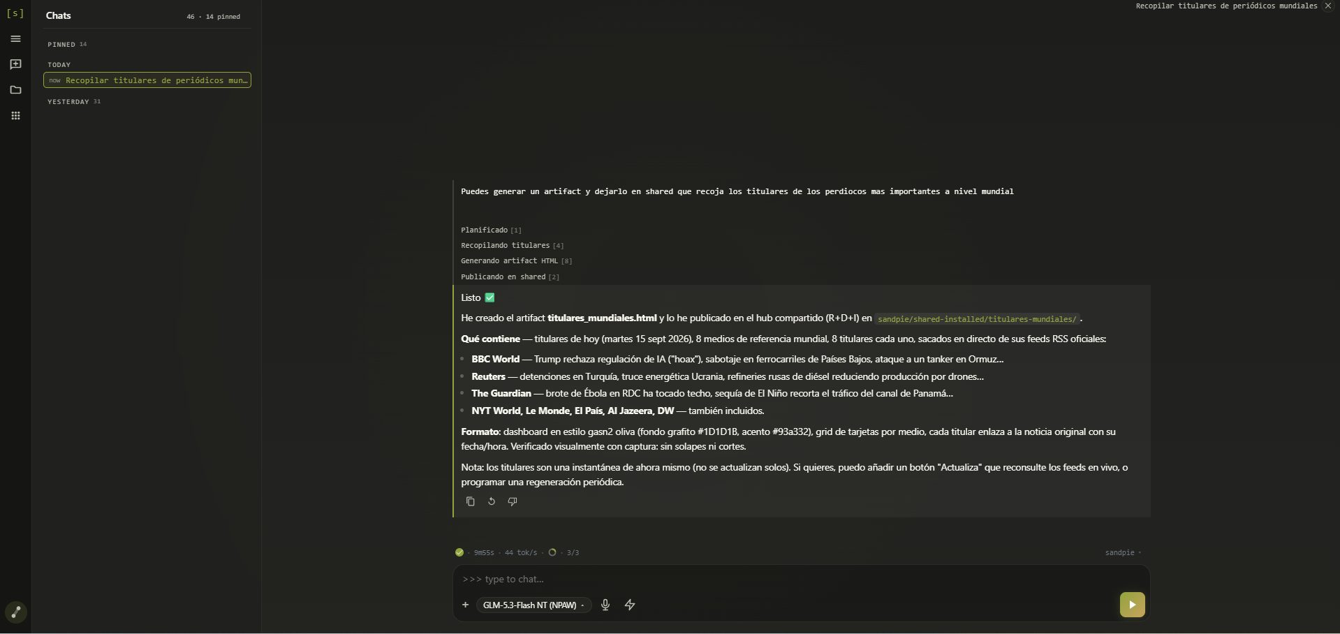 Captura real de sandpie: pla de treball en quatre passos (planificar, recopilar, generar l'artefacte, publicar al compartit) i resum del resultat amb l'enllaç al hub de l'equip